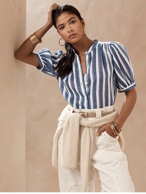 Banana Republic Ramie Blouse Blue & White Striped Button-Front Puff Sleeve Sz XS